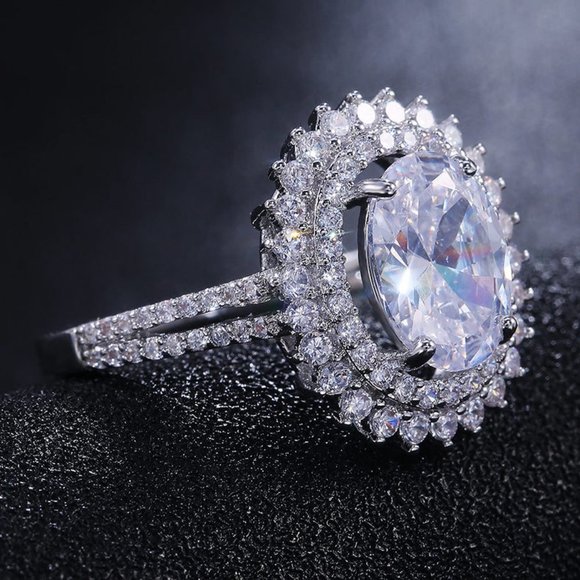 NEW Silver Oval Diamond Double Halo Ring 5 - Picture 5 of 7